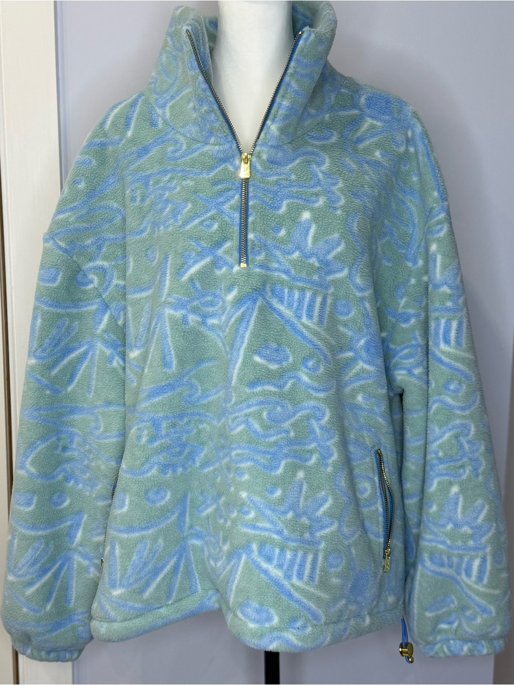 Dudley Stephens Cozy Oversized Blue-Green Patterned Half-Zip Fleece.  Size XXL.